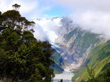 Blick auf den Franz Josef-Gletscher mit direkt angrenzenden Regenwäldern - weltweit einmalig!